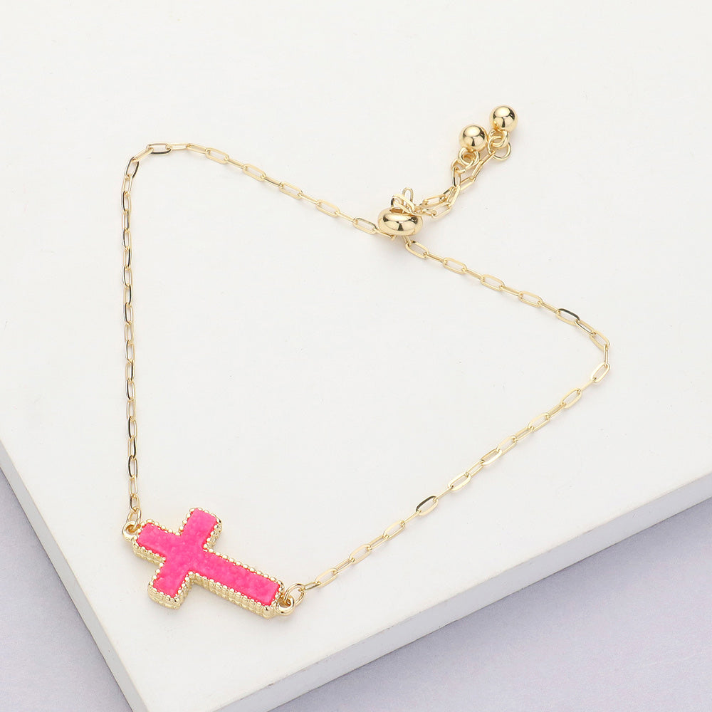 Madeline Love Pink Cross Druzy Adjustable Pull Tie Bracelet - Bracelets
