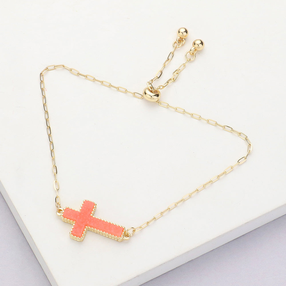 Madeline Love Coral, Neon Cross Druzy Adjustable Pull Tie Bracelet - Bracelets