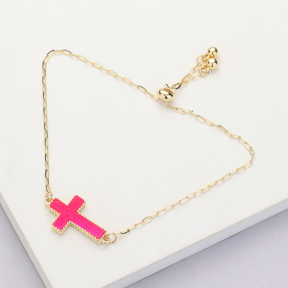 Madeline Love Fuchsia, Neon Cross Druzy Adjustable Pull Tie Bracelet - Bracelets