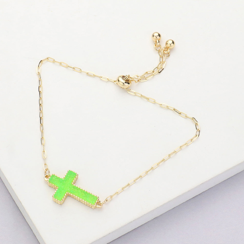 Madeline Love Green, Neon Cross Druzy Adjustable Pull Tie Bracelet - Bracelets