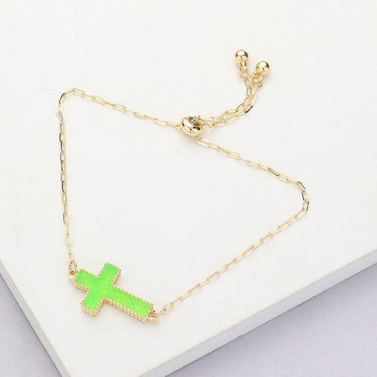 Madeline Love Green, Neon Cross Druzy Adjustable Pull Tie Bracelet - Bracelets