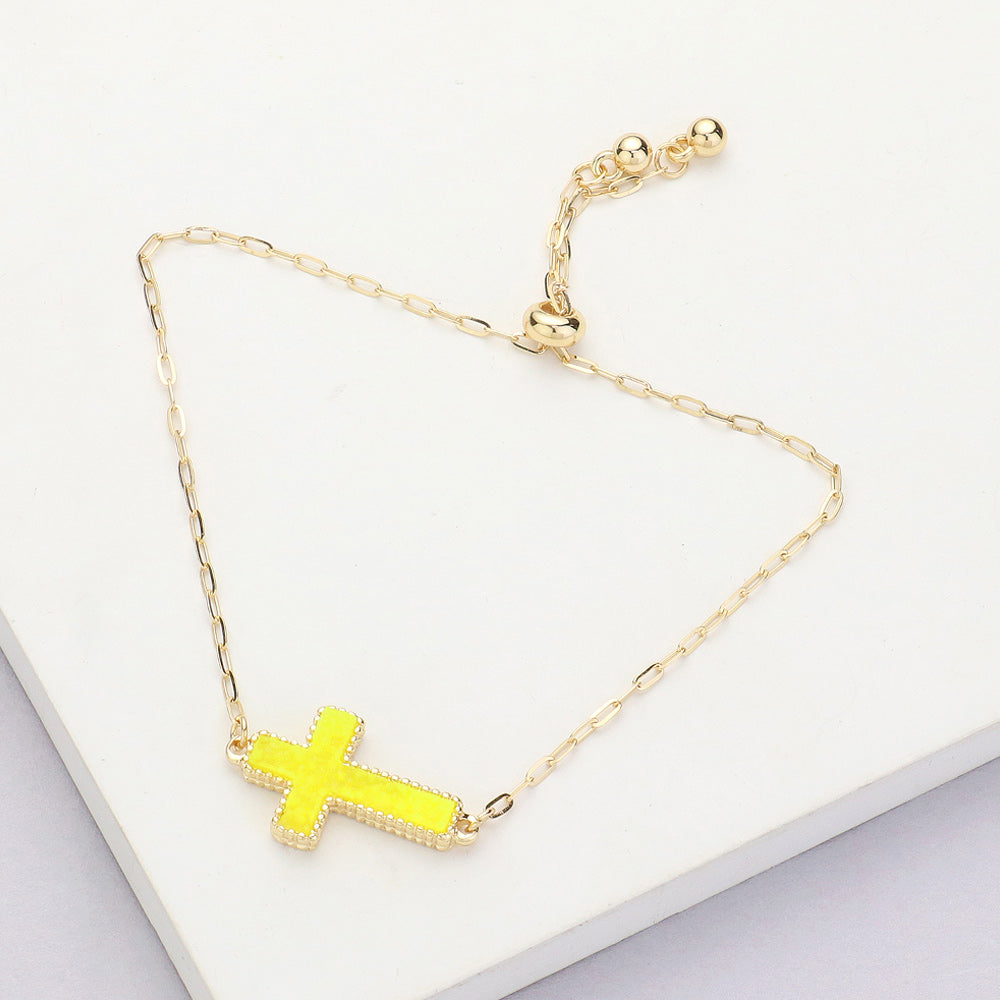 Madeline Love Neon, Yellow Cross Druzy Adjustable Pull Tie Bracelet - Bracelets