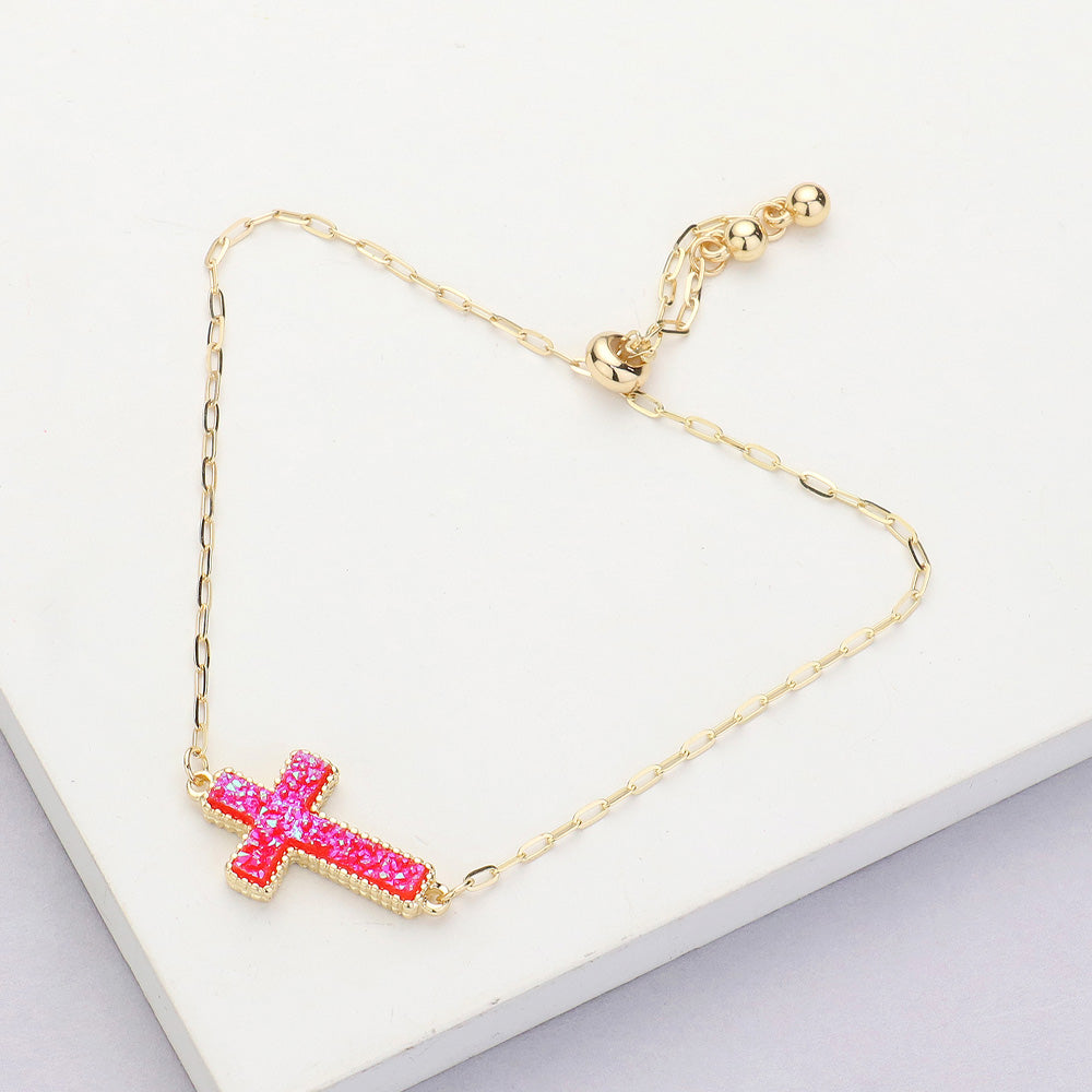 Madeline Love AB, Red Cross Druzy Adjustable Pull Tie Bracelet - Bracelets