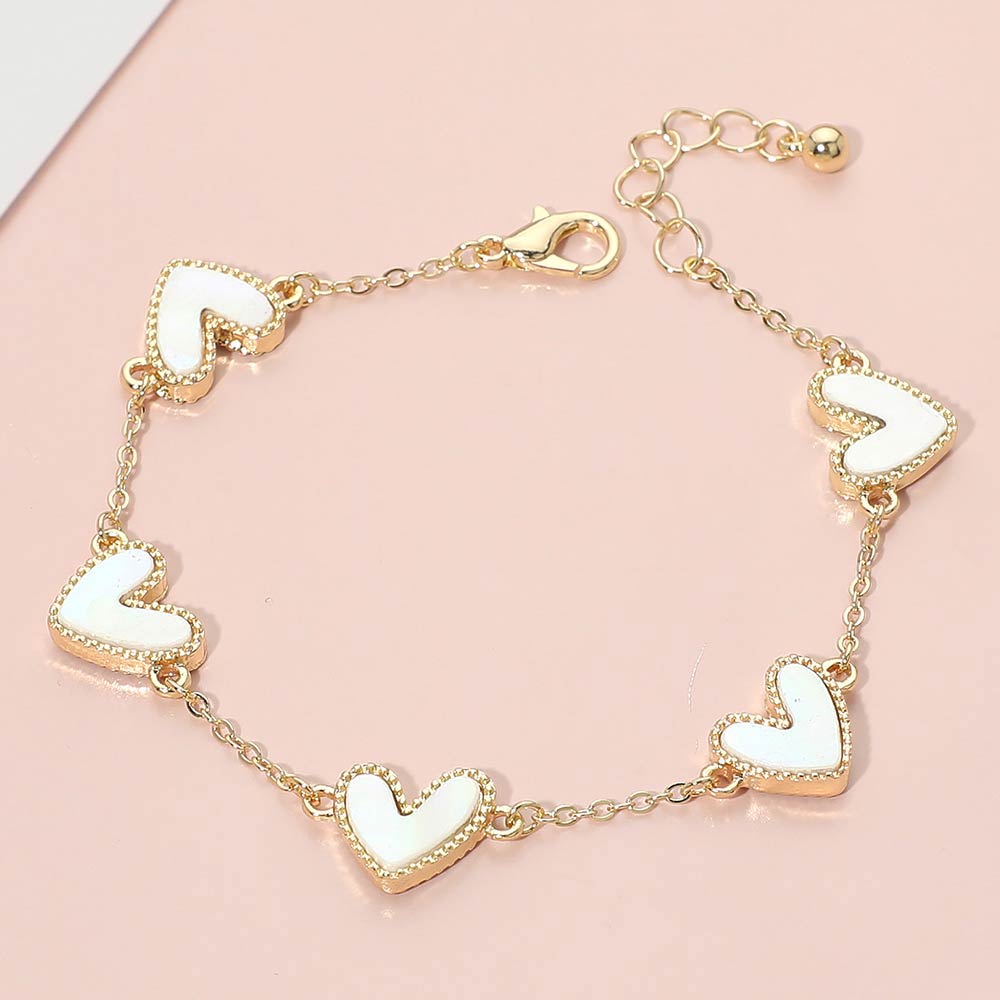 Madeline Love Gold, Ivory Mother of Pearl Heart Charm Station Bracelet - Bracelets