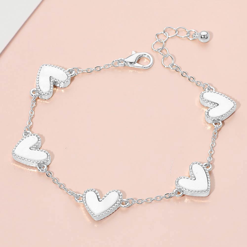Madeline Love Ivory, Silver Mother of Pearl Heart Charm Station Bracelet - Bracelets