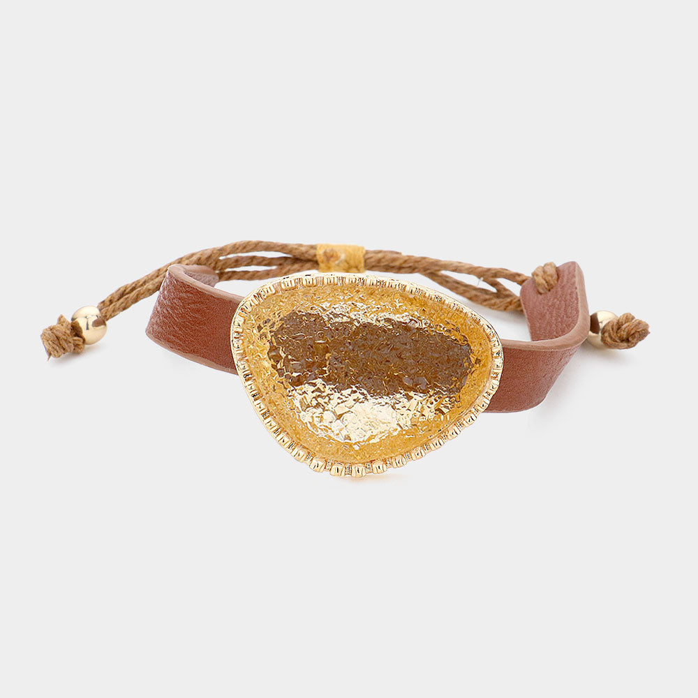 Madeline Love Brown, Gold Druzy Accented Faux Leather Adjustable Cinch Pull Tie Bracelet - Bracelets