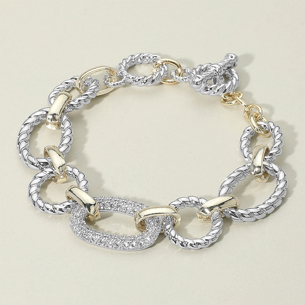 Madeline Love Two Tone 14K Gold Plated CZ Stone Paved Link Accent Two Tone Chunky Chain Link Bracelet