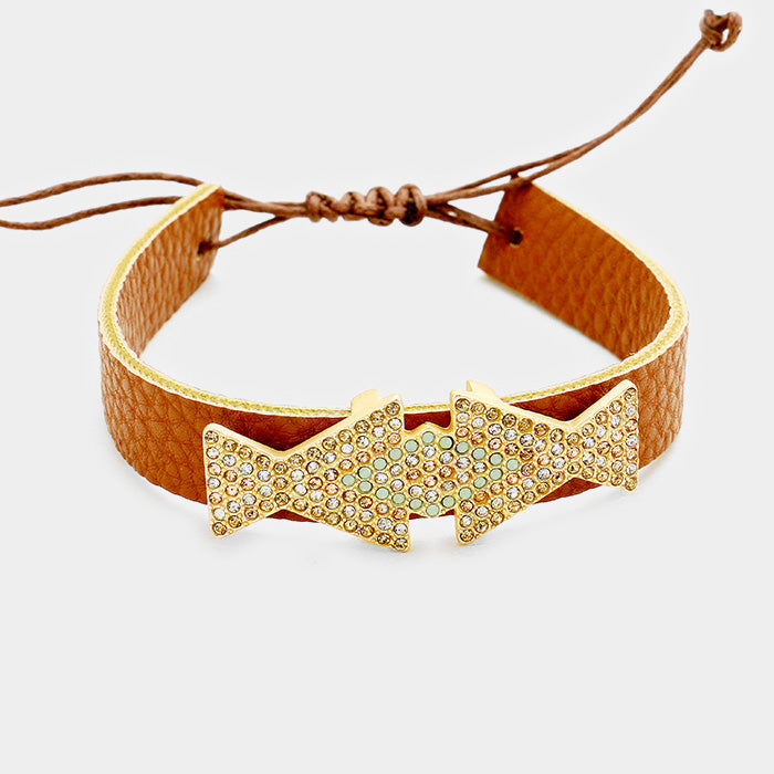 Madeline Love Matte gold, Lt Col Topaz, Clear, Brown, Mint Leather Pave Crystal Rhinestone Adjustable Cinch Pull Tie Bracelet - Bracelets