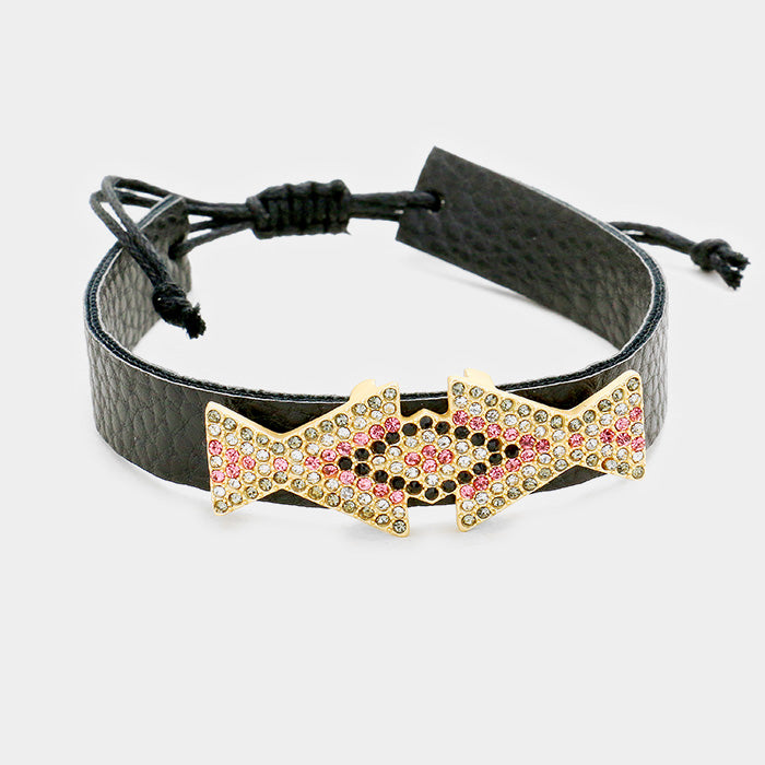 Madeline Love Black, Black Diamond, Clear, Matte gold, Pink Leather Pave Crystal Rhinestone Adjustable Cinch Pull Tie Bracelet - Bracelets