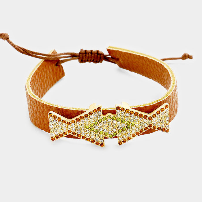 Madeline Love Brown, Clear, Matte gold, Peridot, Topaz Leather Pave Crystal Rhinestone Adjustable Cinch Pull Tie Bracelet - Bracelets