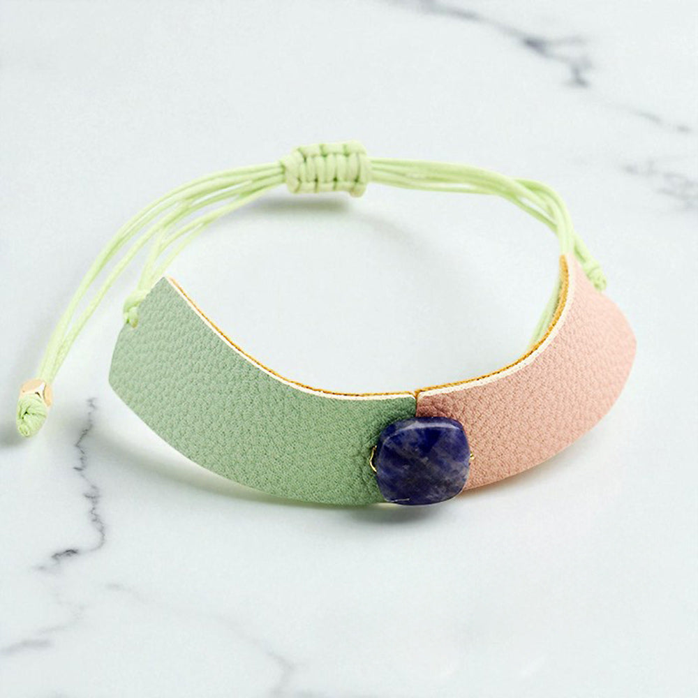 Madeline Love Mint, Pink Two Tone Leather Square Bead Accented Adjustable Cinch Pull Tie Bracelet - Bracelets