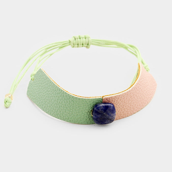Madeline Love Mint, Pink Two Tone Leather Square Bead Accented Adjustable Cinch Pull Tie Bracelet - Bracelets - desc