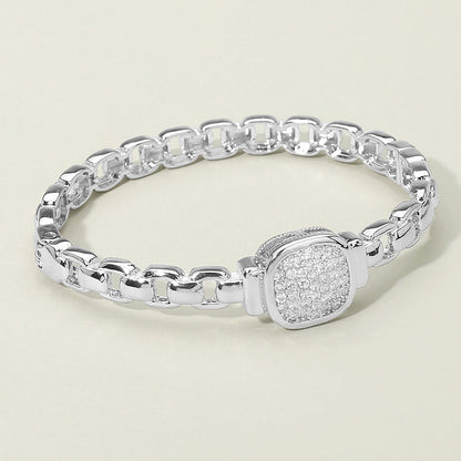 Madeline Love Rhodium CZ Stone Paved Square Center Accent Hinged Bangle Bracelet - Bracelets