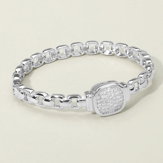 Madeline Love Rhodium CZ Stone Paved Square Center Accent Hinged Bangle Bracelet - Bracelets