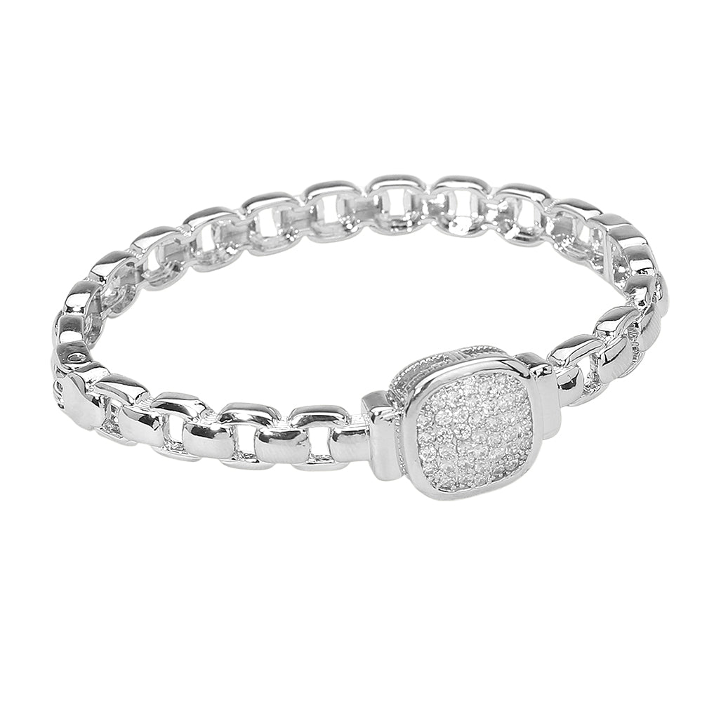 Madeline Love Rhodium CZ Stone Paved Square Center Accent Hinged Bangle Bracelet - Bracelets - desc