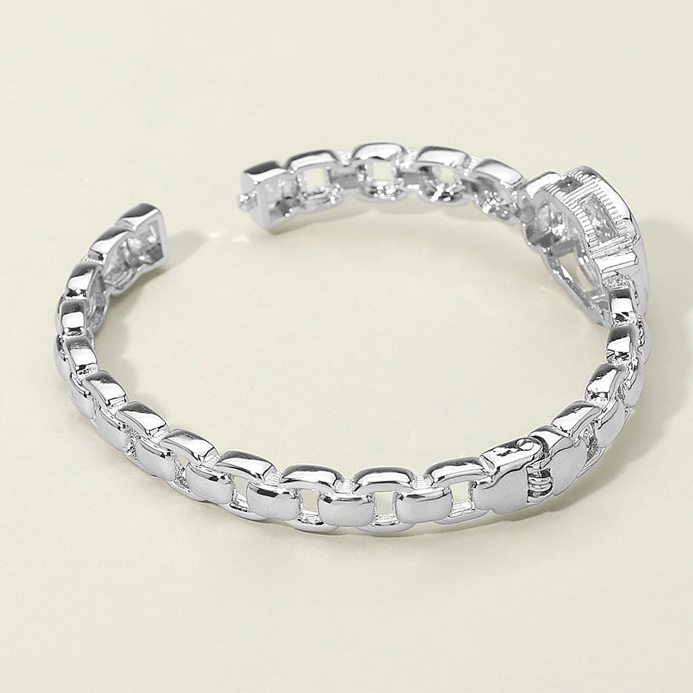 Madeline Love Rhodium CZ Stone Paved Square Center Accent Hinged Bangle Bracelet - Bracelets - extra