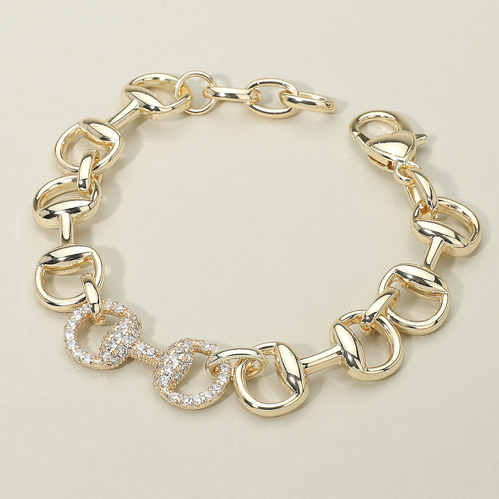 Madeline Love Gold 14K Gold Plated CZ Stone Paved Horsebit Center Accent Link Bracelet