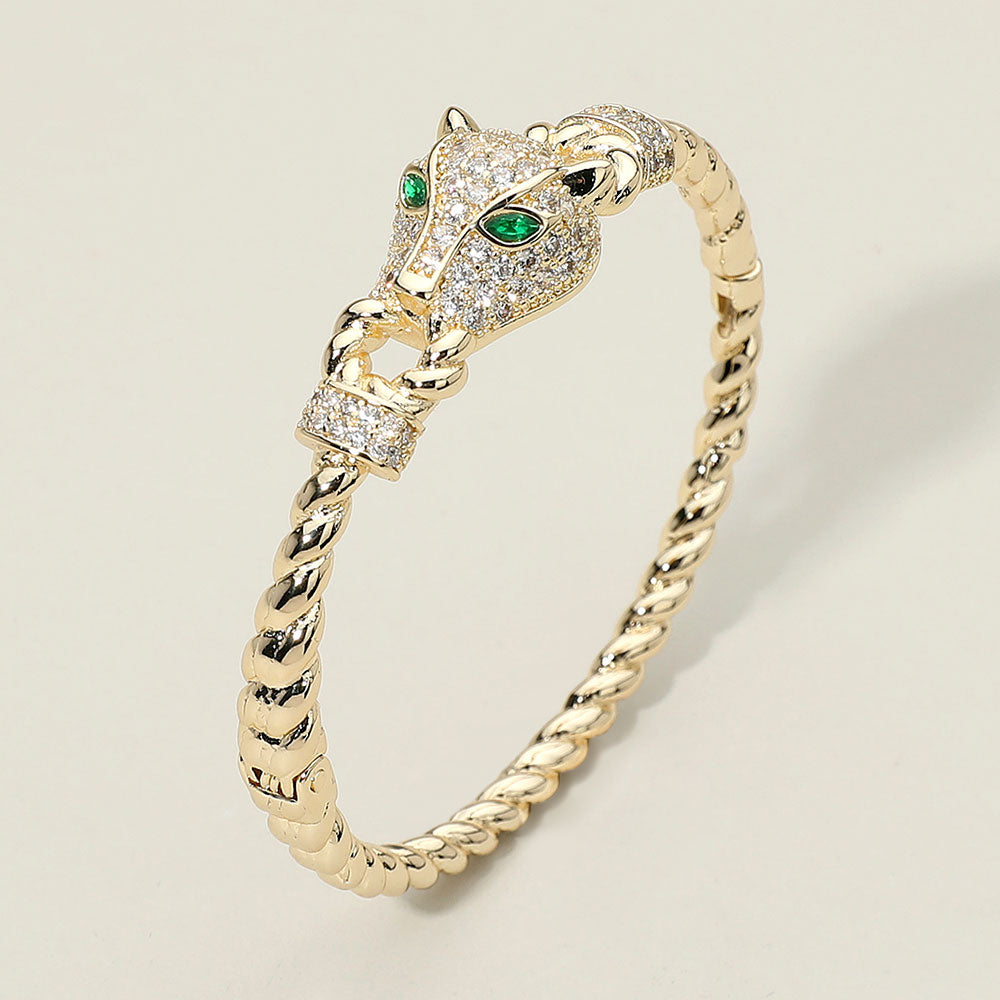 Madeline Love Gold 14K Gold Plated CZ Stone Paved Leopard Panther Head Accent Hinged Bangle Bracelet - Bracelets
