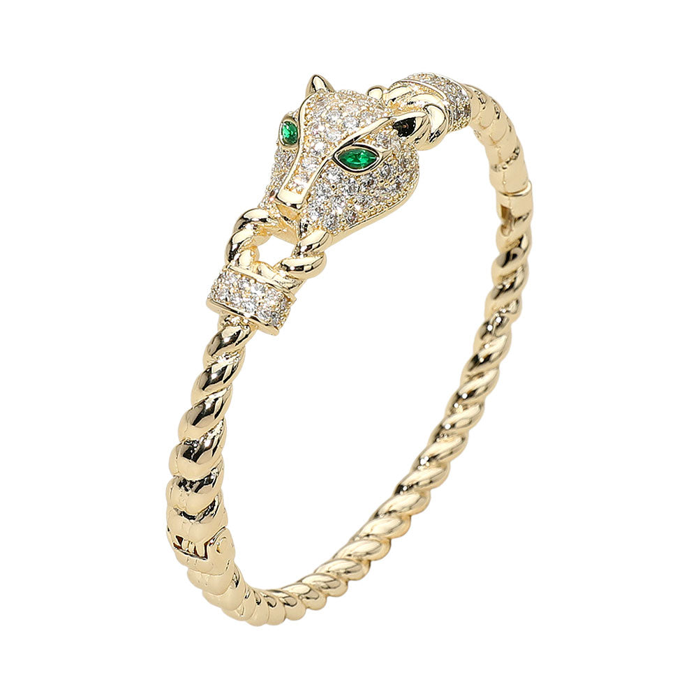 Madeline Love Gold 14K Gold Plated CZ Stone Paved Leopard Panther Head Accent Hinged Bangle Bracelet - Bracelets - desc