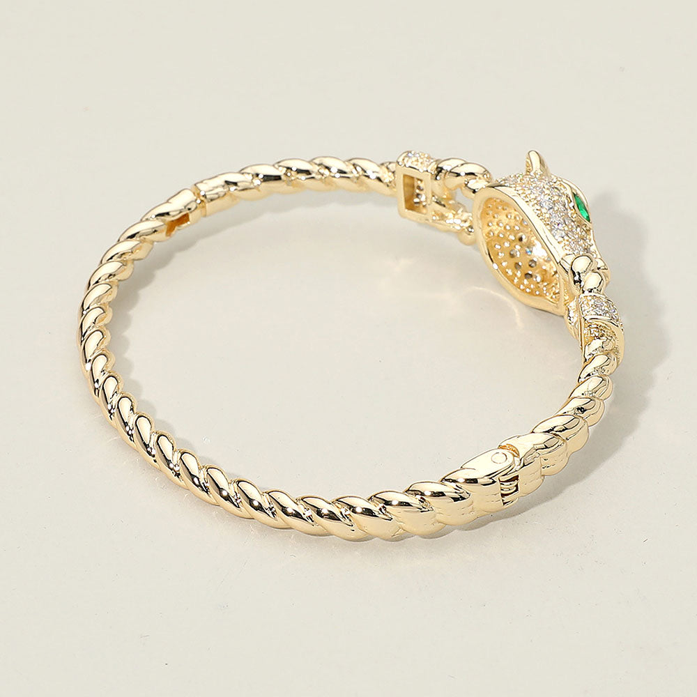 Madeline Love Gold 14K Gold Plated CZ Stone Paved Leopard Panther Head Accent Hinged Bangle Bracelet - Bracelets - extra