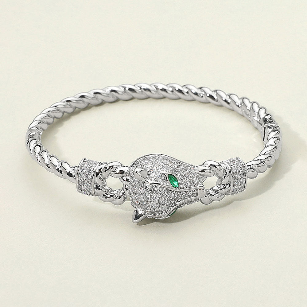 Madeline Love Rhodium 14K Gold Plated CZ Stone Paved Leopard Panther Head Accent Hinged Bangle Bracelet - Bracelets