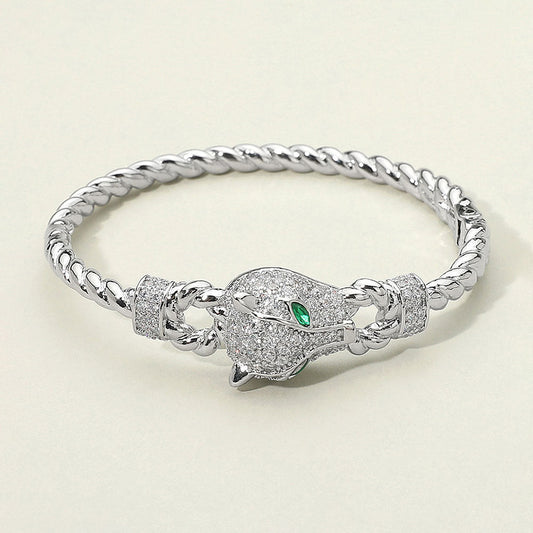 Madeline Love Rhodium 14K Gold Plated CZ Stone Paved Leopard Panther Head Accent Hinged Bangle Bracelet - Bracelets