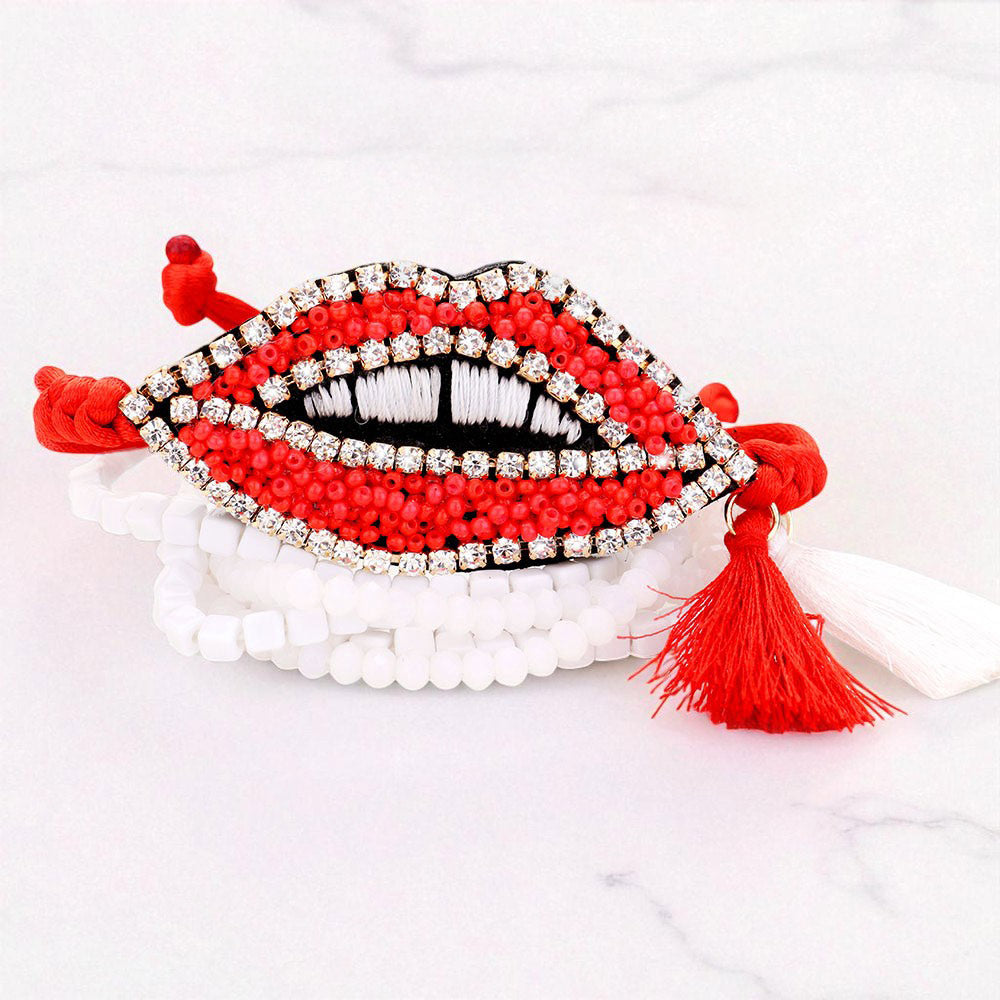 Madeline Love Gold, Red, White 2PCS - Pave Trim Beaded Lips Tassel Adjustable Bracelet - Bracelets