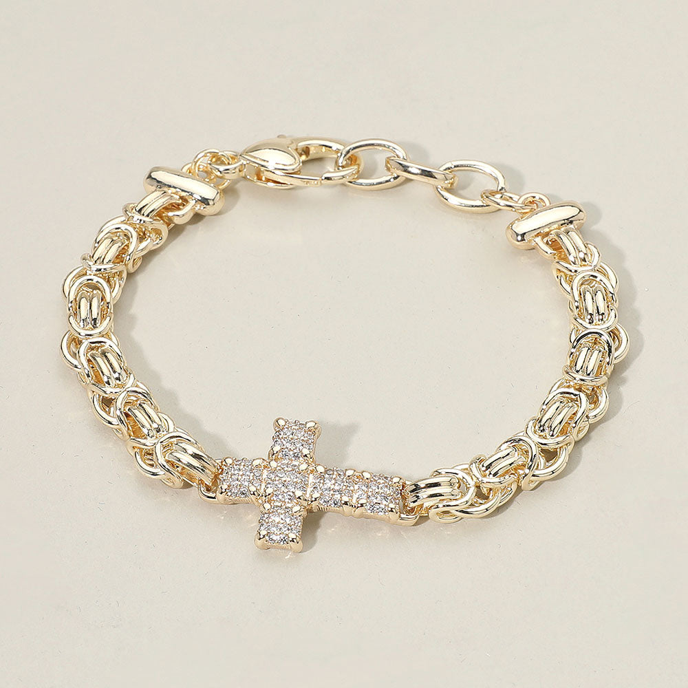 Madeline Love Gold 14K Gold Plated CZ Stone Paved Cross Accent Abstract Chain Bracelet