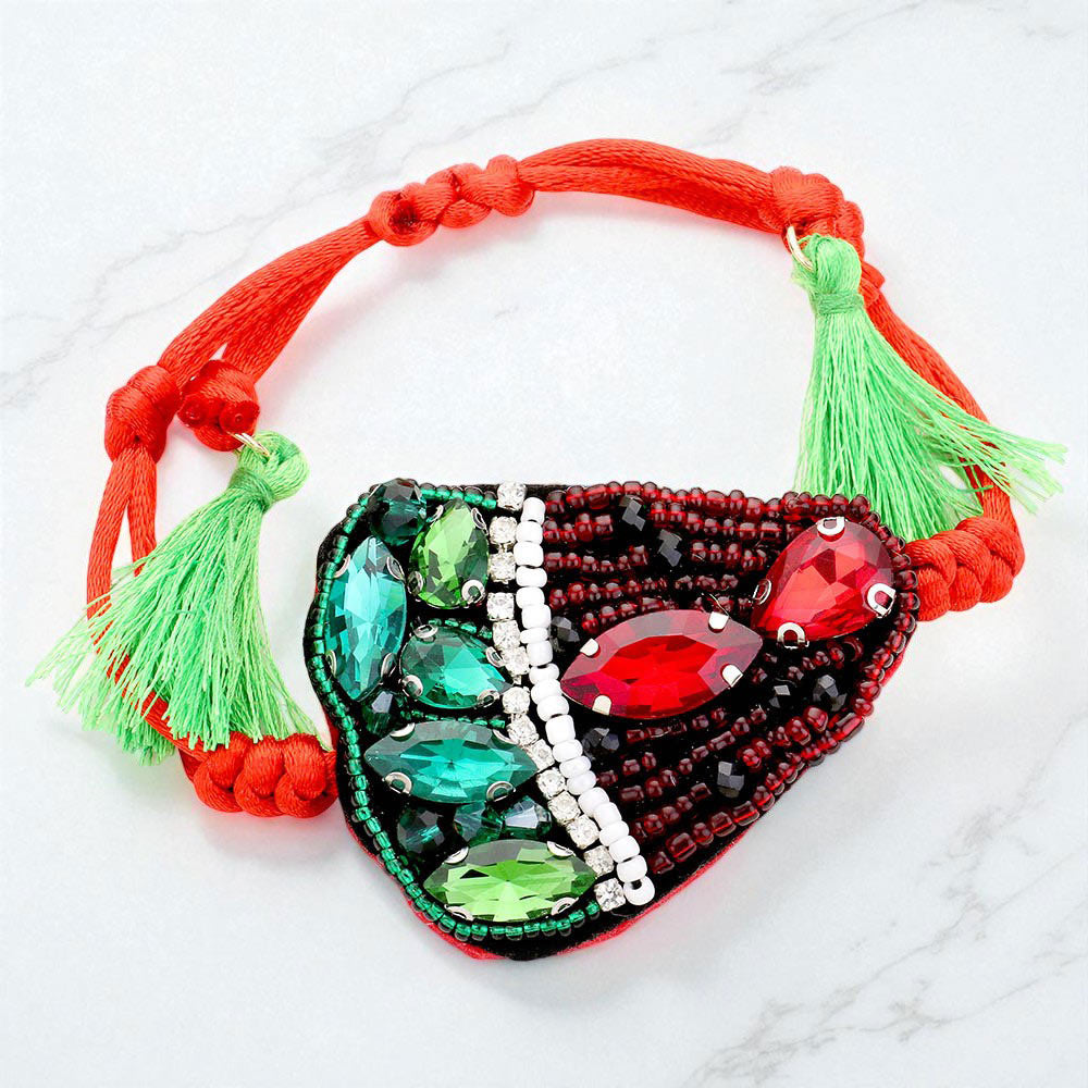 Madeline Love Red Crystal Bead Cluster Strawberry Tassel Adjustable Cinch Pull Tie Bracelet - Bracelets