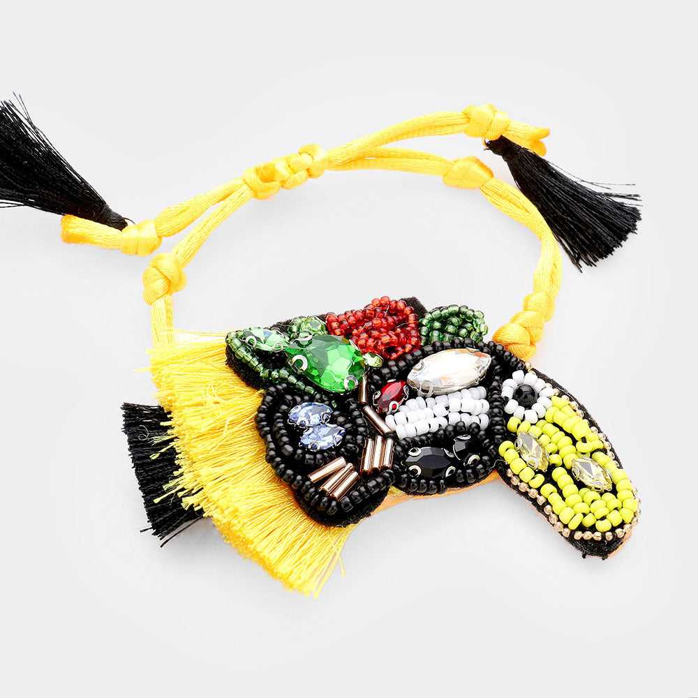 Madeline Love Black, Multi, Yellow Stone Seed Beaded Toucan Tassel Adjustable Cinch Pull Tie Bracelet - Bracelets