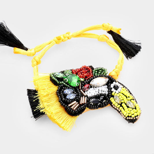 Madeline Love Black, Multi, Yellow Stone Seed Beaded Toucan Tassel Adjustable Cinch Pull Tie Bracelet - Bracelets
