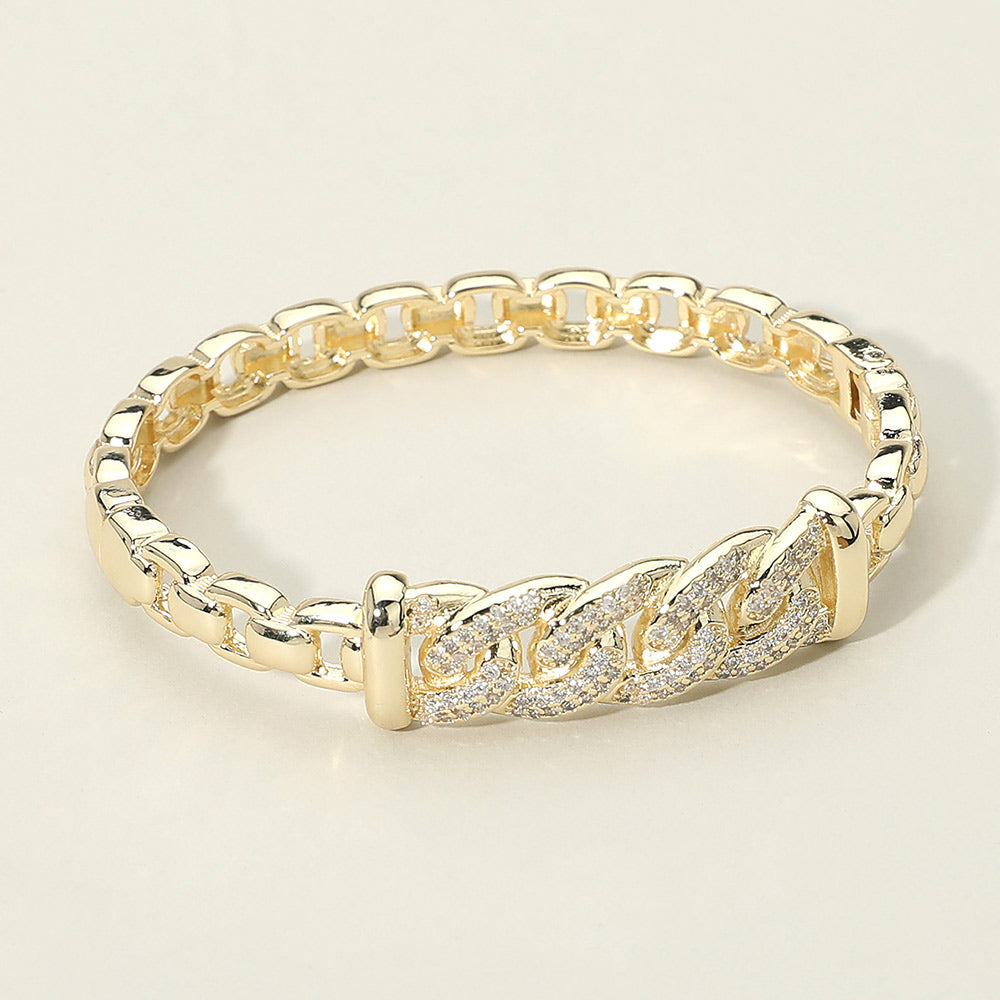 Madeline Love Clear, Gold 14K Gold Plated CZ Stone Paved Bold Chain Accent Hinged Bangle Bracelet