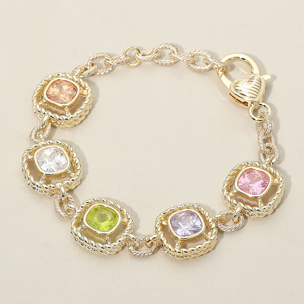 Madeline Love Gold, Light, Multi 14K Gold Plated Multi Color Square CZ Stone Cushion Link Bracelet