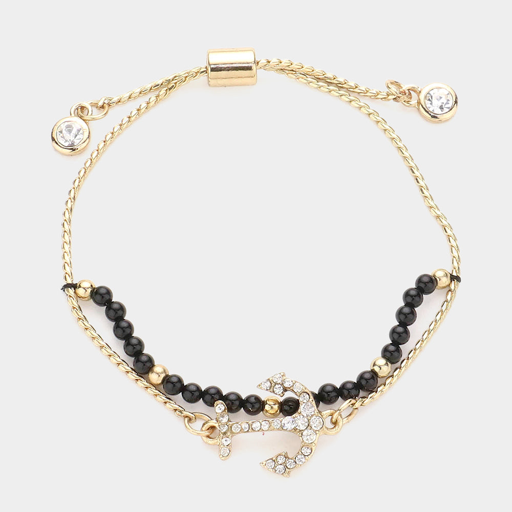Black Crystal Anchor Charm Layered Pull Tie Bracelet