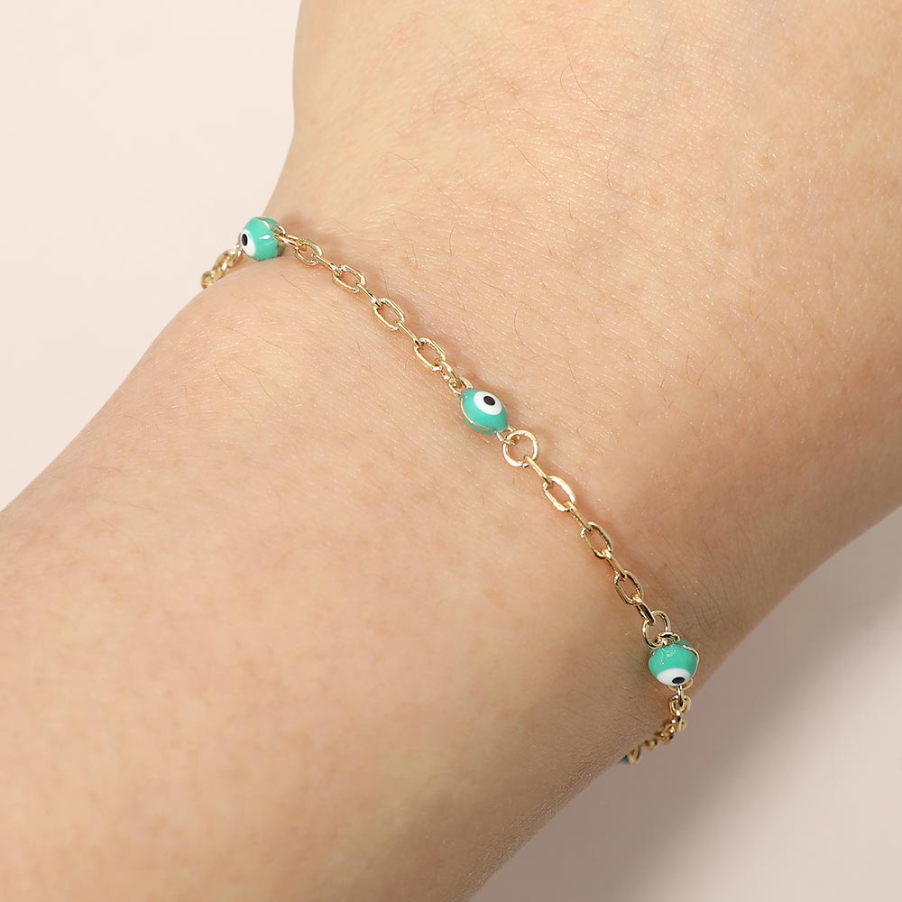 Madeline Love Gold, Turquoise Evil Eye Bead Station Bracelet - Bracelets