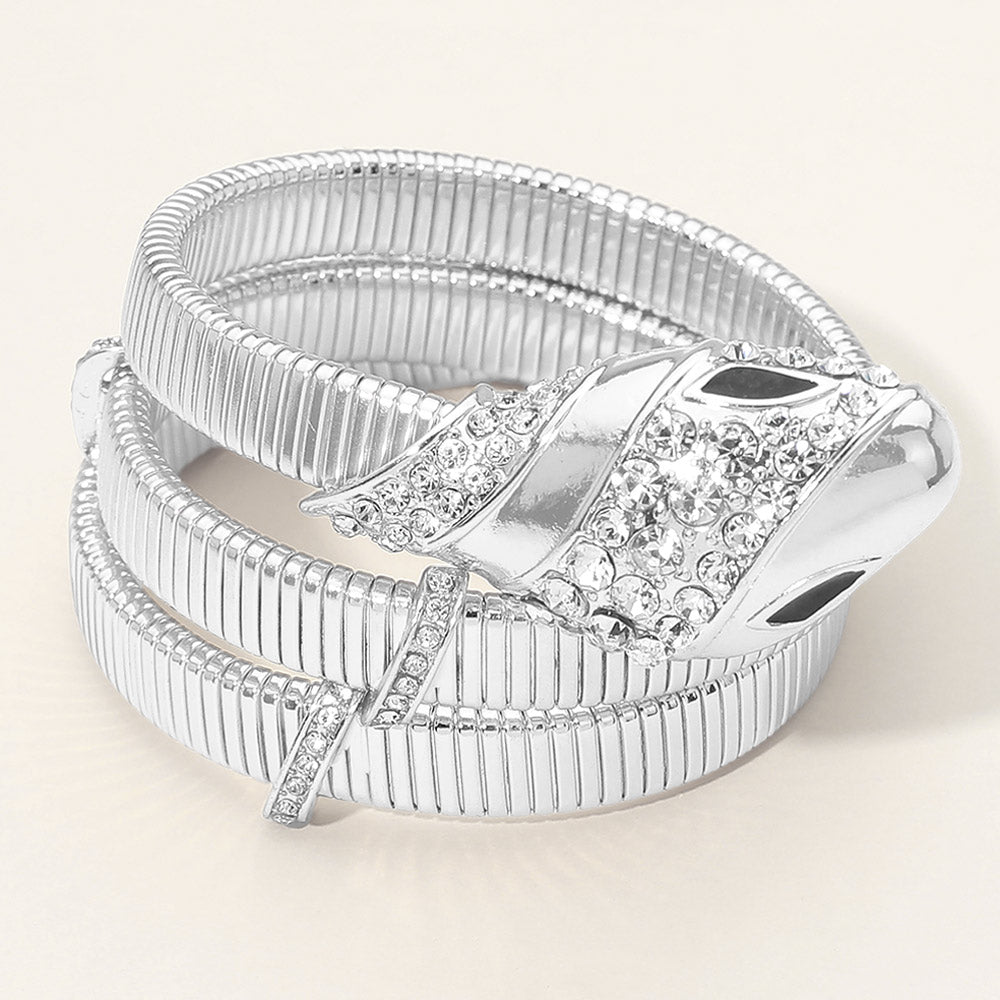 Madeline Love Rhodium Bold Rhinestone Embellished Snake Head Accent Ribbed Wrap Adjustable Bracelet