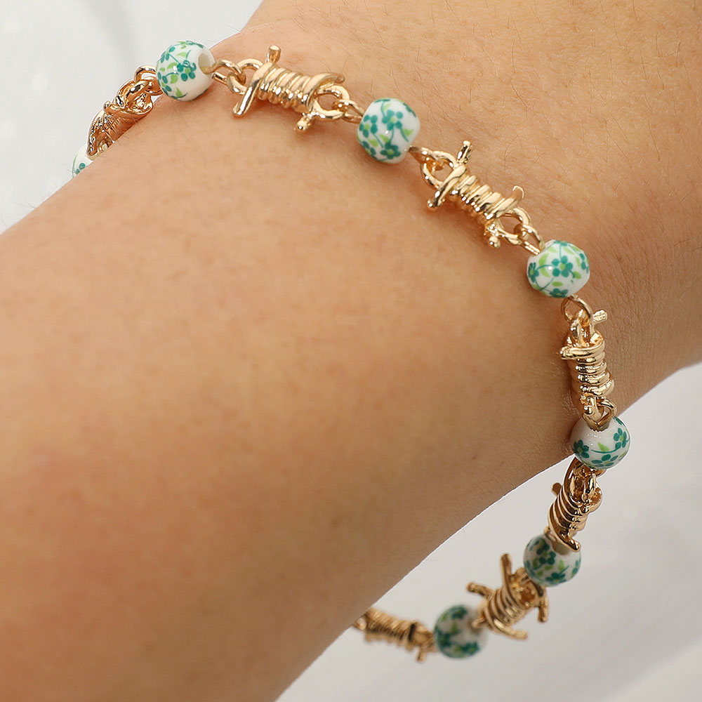 Madeline Love Gold, Green Floral Ceramic Ball Metal Rope Wrap Link Bracelet - Bracelets