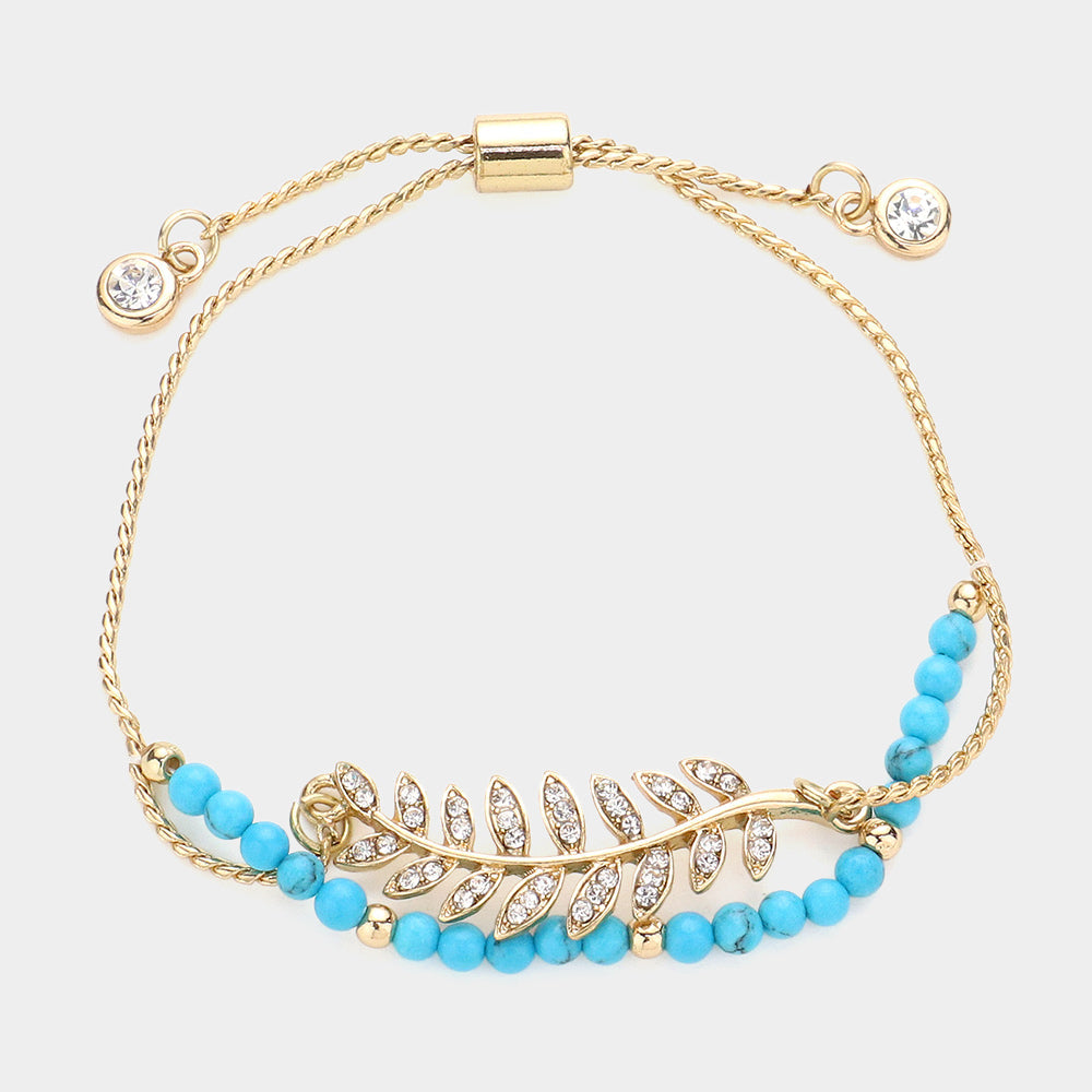 Madeline Love Gold, Turquoise Crystal Leaf Charm Layered Pull Tie Bracelet - Bracelets