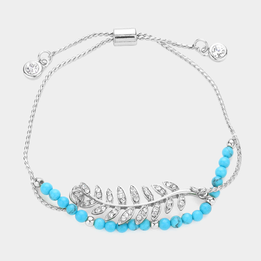 Madeline Love Rhodium, Turquoise Crystal Leaf Charm Layered Pull Tie Bracelet - Bracelets