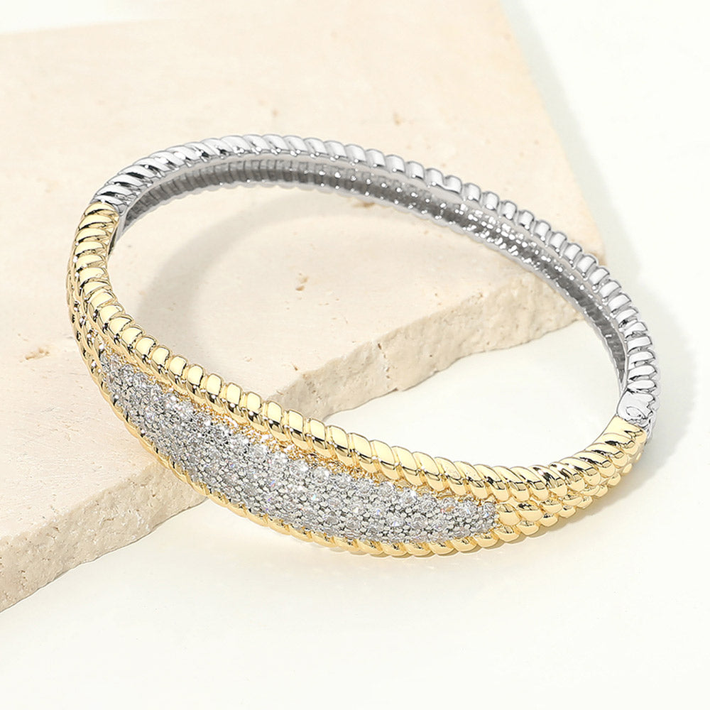 Madeline Love Two Tone 14K Gold Plated Two Tone CZ Pave Center Hinged Bangle Bracelet - Bracelets