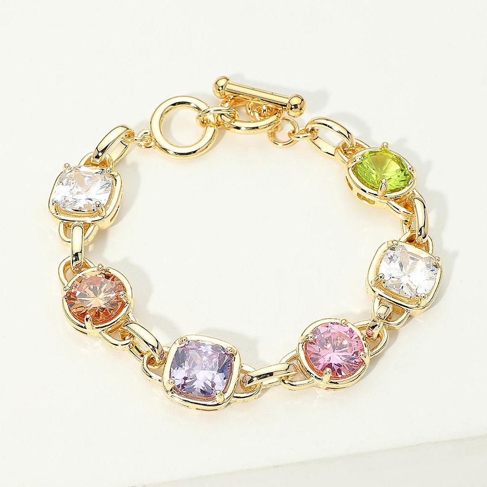 Madeline Love Gold, Light, Multi 14K Gold Plated Multi Color CZ Stone Link Toggle Bracelet