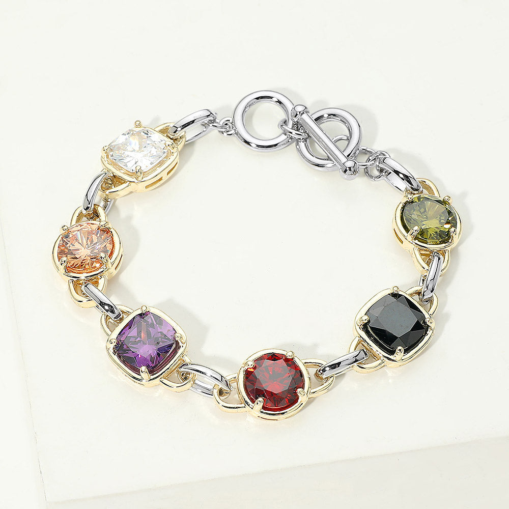 Madeline Love Multi, Two Tone 14K Gold Plated Multi Color CZ Stone Link Toggle Bracelet