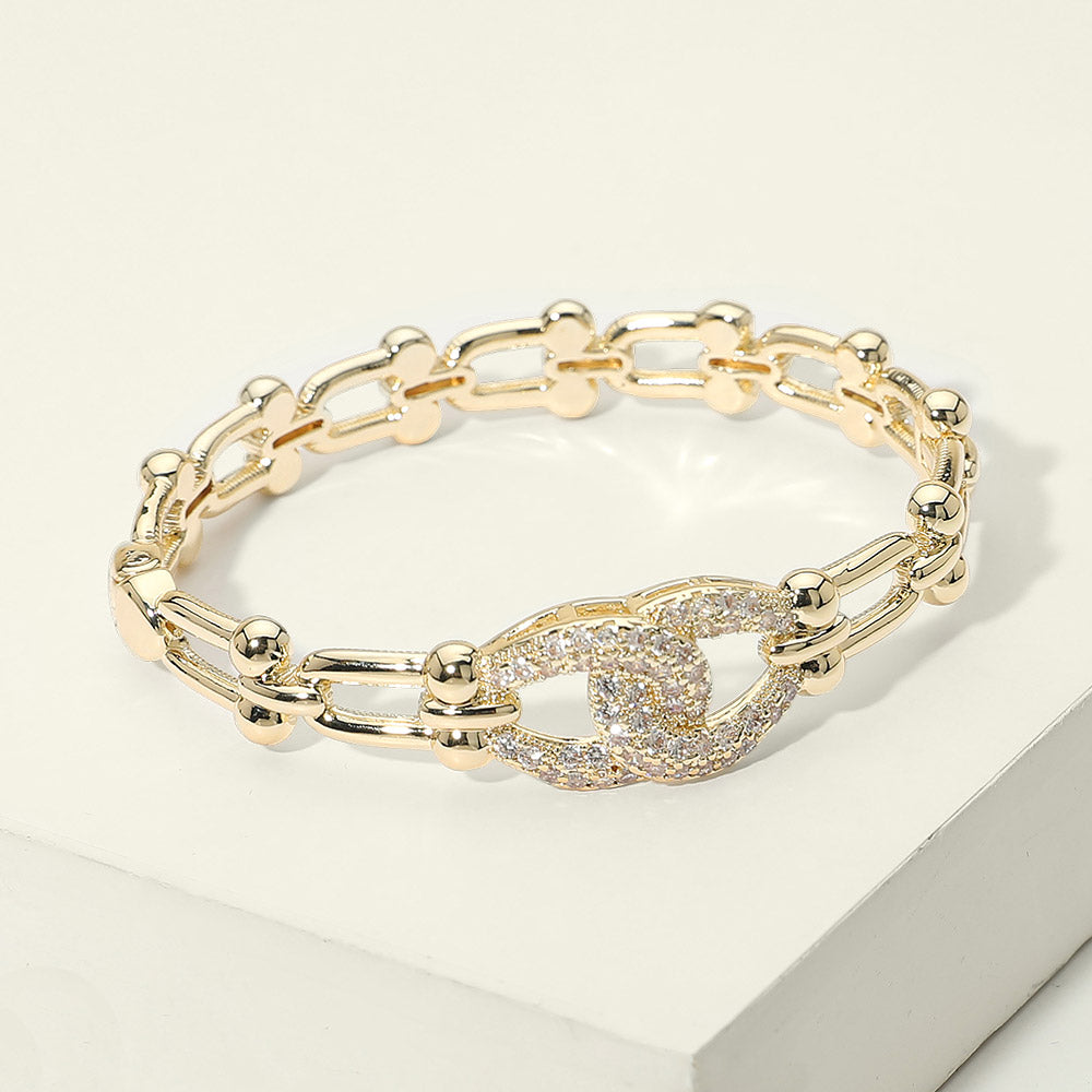 Madeline Love Gold 14K Gold Plated CZ Pave Link Centerpiece Industrial Chain Link Hinged Bangle Bracelet - Bracelets