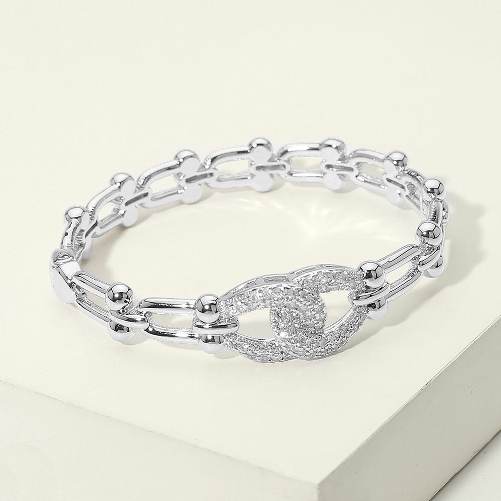 Madeline Love Rhodium 14K Gold Plated CZ Pave Link Centerpiece Industrial Chain Link Hinged Bangle Bracelet - Bracelets