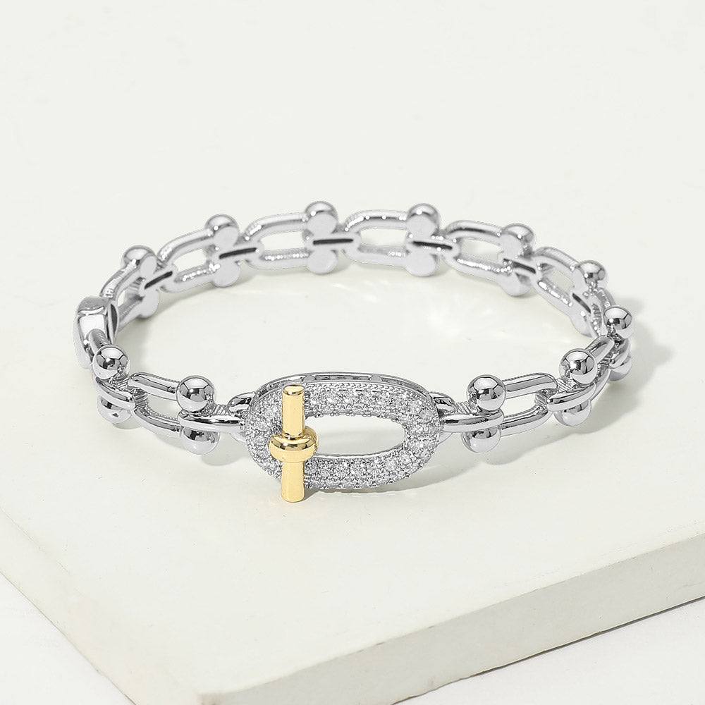 Madeline Love Two Tone 14K Gold Plated Two Tone CZ Pavel Oval Accent Industrial Link Hinged Bangle Bracelet - Bracelets