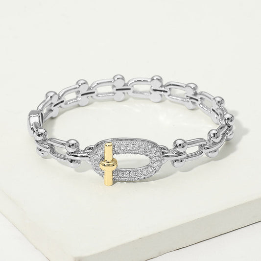 Madeline Love Two Tone 14K Gold Plated Two Tone CZ Pavel Oval Accent Industrial Link Hinged Bangle Bracelet - Bracelets