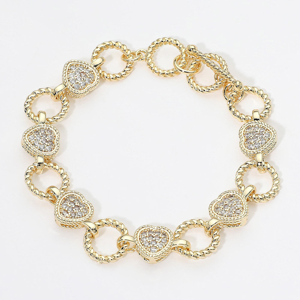 Madeline Love Gold 14K Gold Plated CZ Heart Charm Link Toggle Bracelet