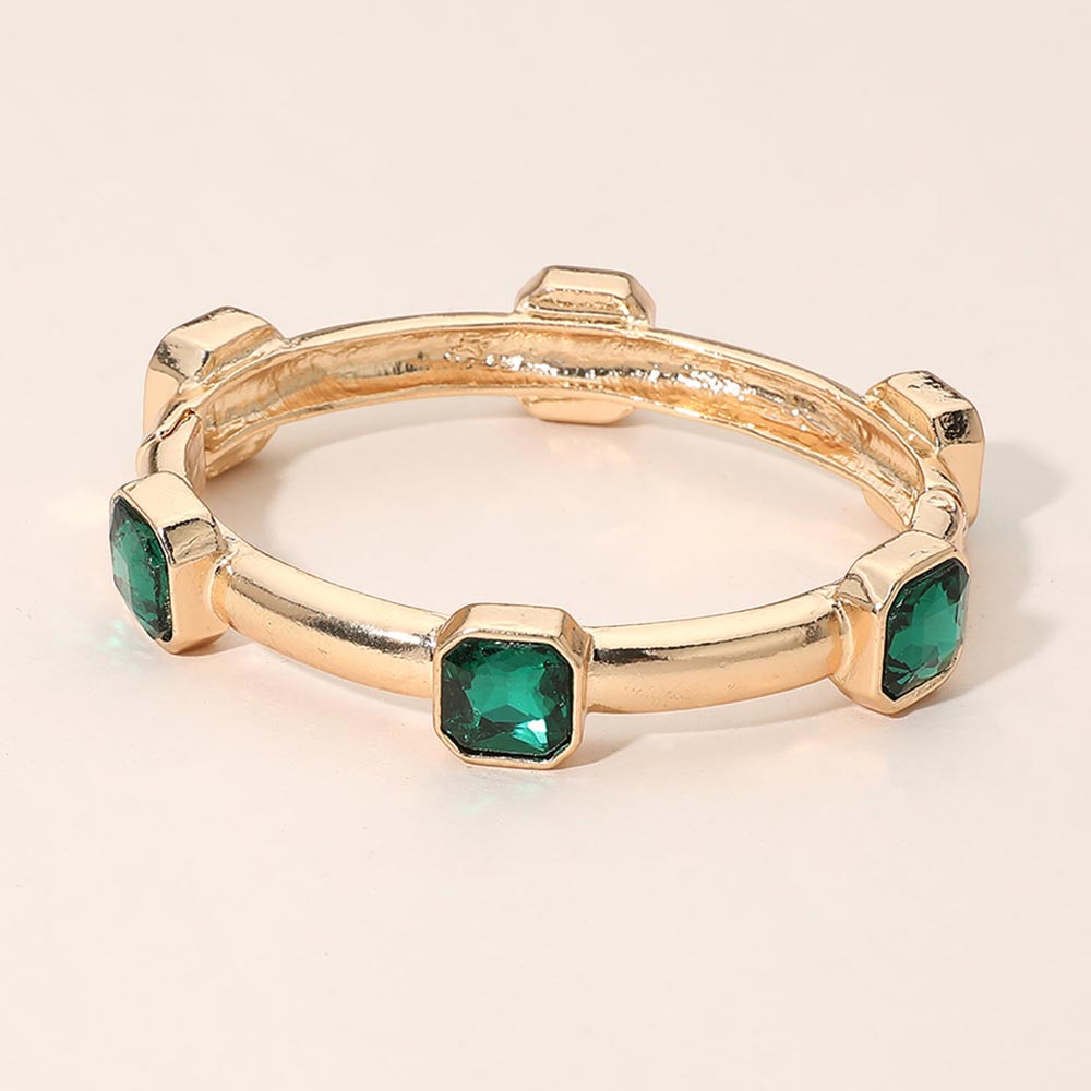 Madeline Love Green Geometric Square Gem Accent Hinged Bangle Bracelet