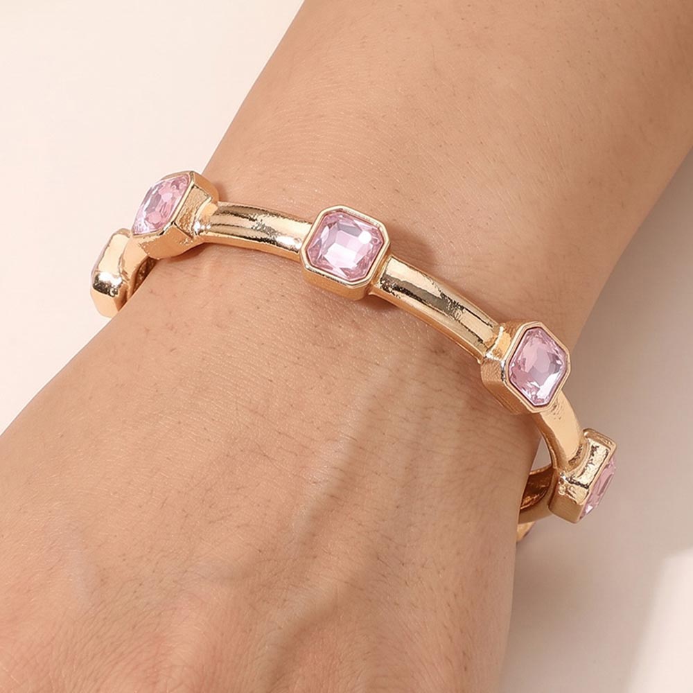 Madeline Love Pink Geometric Square Gem Accent Hinged Bangle Bracelet