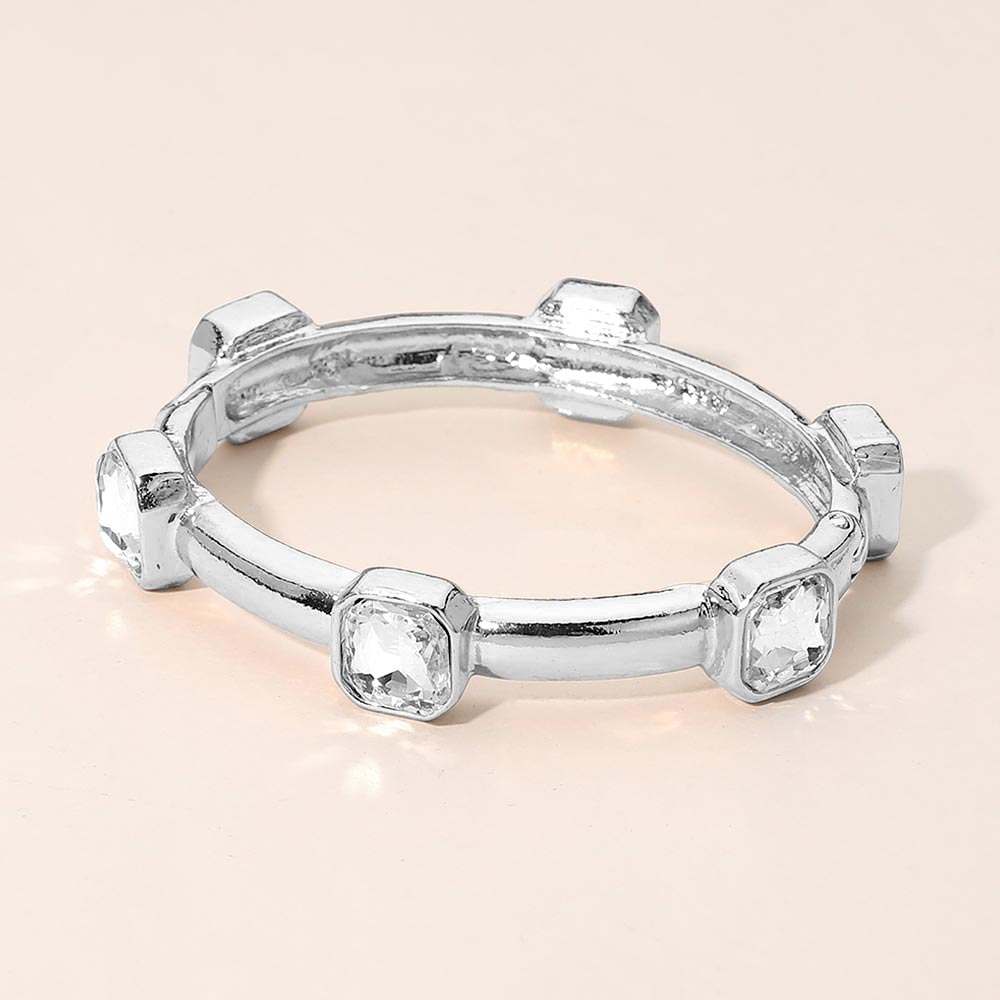 Madeline Love Clear, Rhodium Geometric Square Gem Accent Hinged Bangle Bracelet